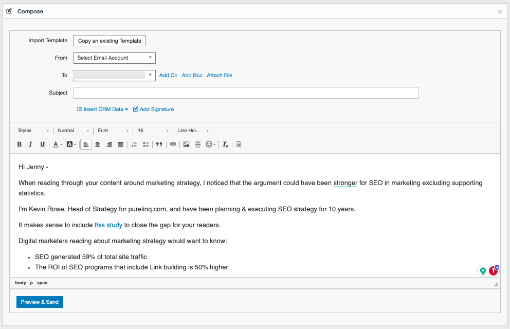 pitchbox screenshot of outreach email template